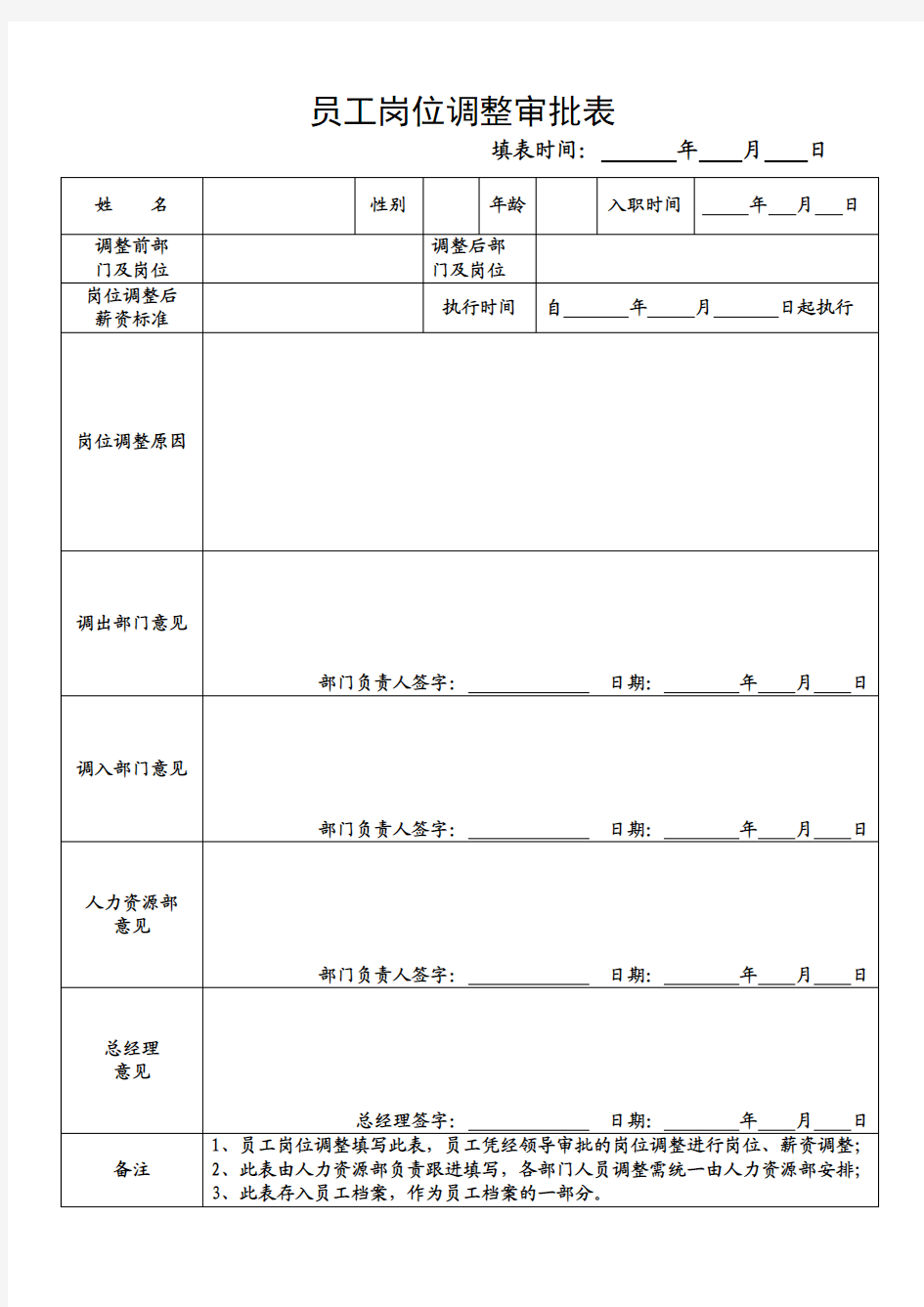 员工岗位调整审批表-