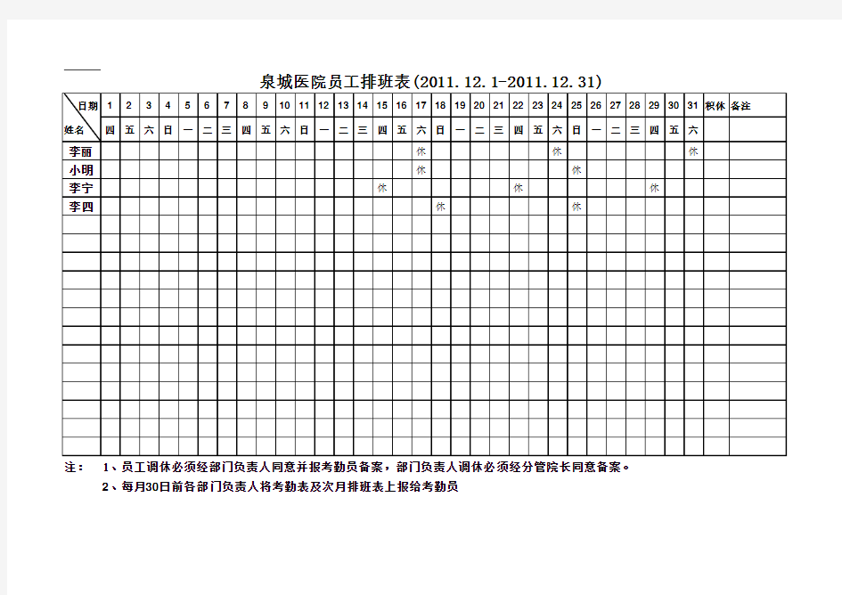 医院员工排班表(模板)