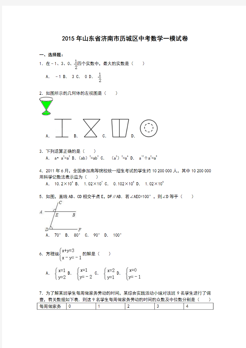 【解析版】2015年山东省济南市历城区中考数学一模试卷