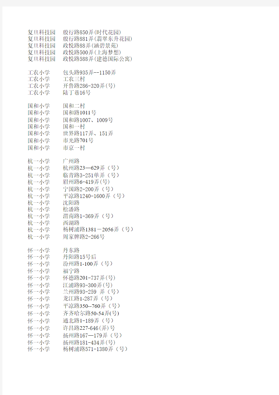 2011-2014历年杨浦区小学学区一览表(史上最全)