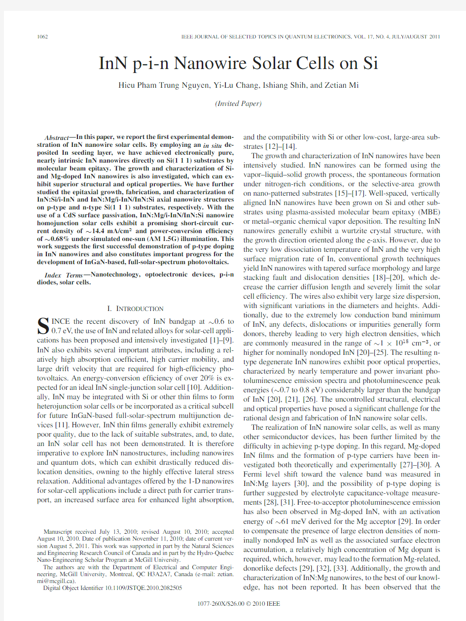 InN p-i-n Nanowire Solar Cells on Si