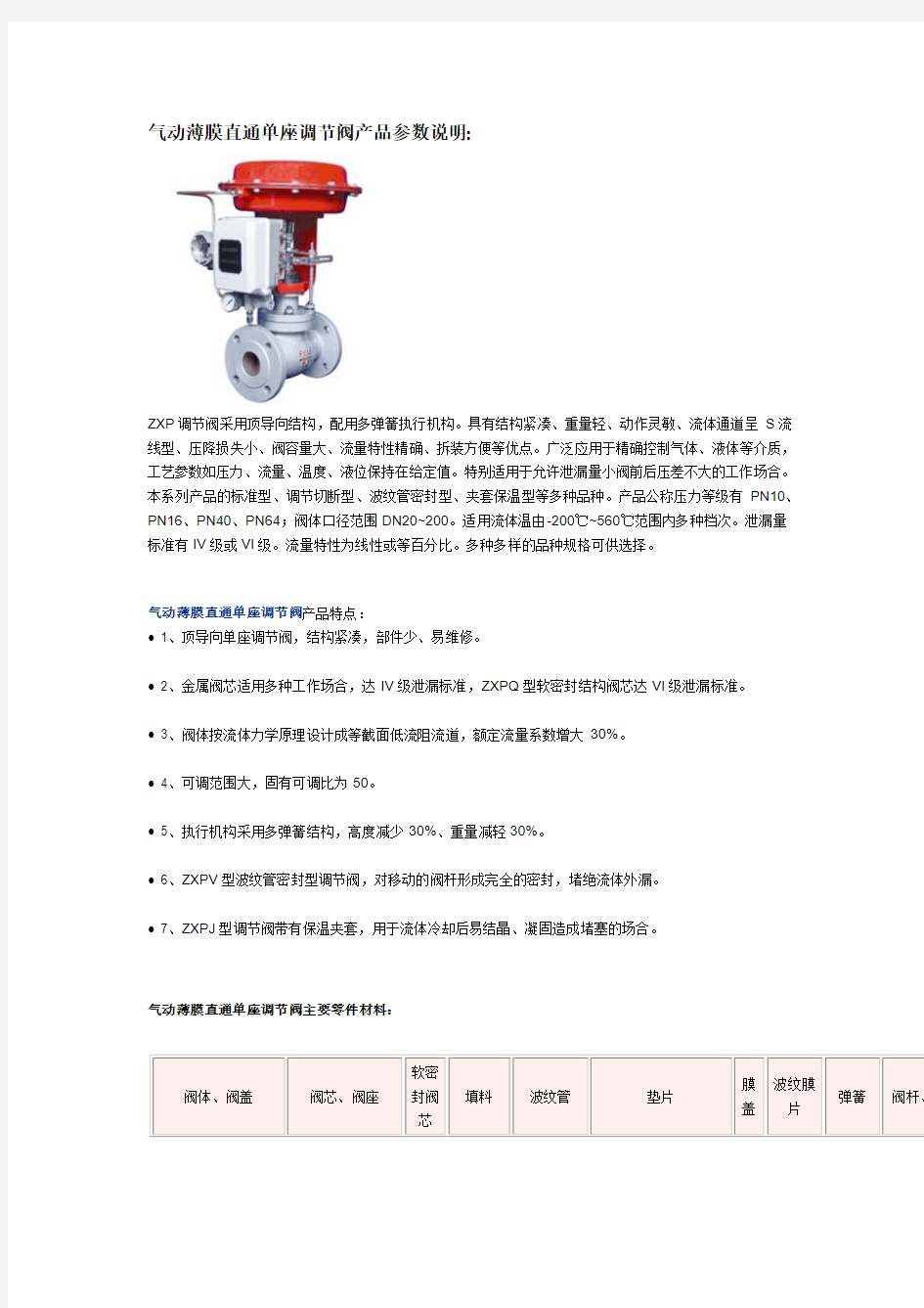 气动薄膜直通单座调节阀ZXP