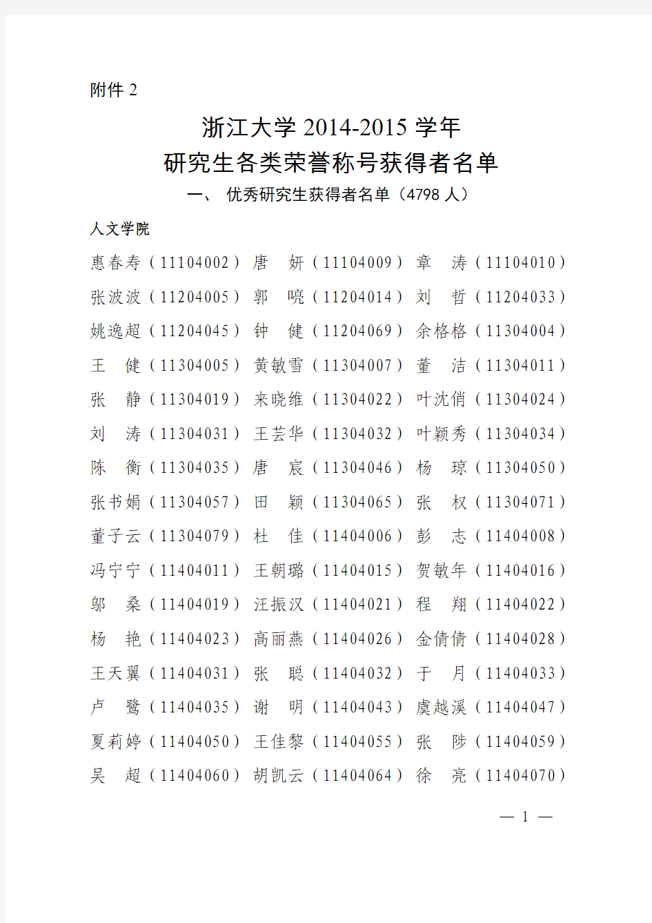 浙江大学2014—2015学年研究生各类荣誉称号获得者名单