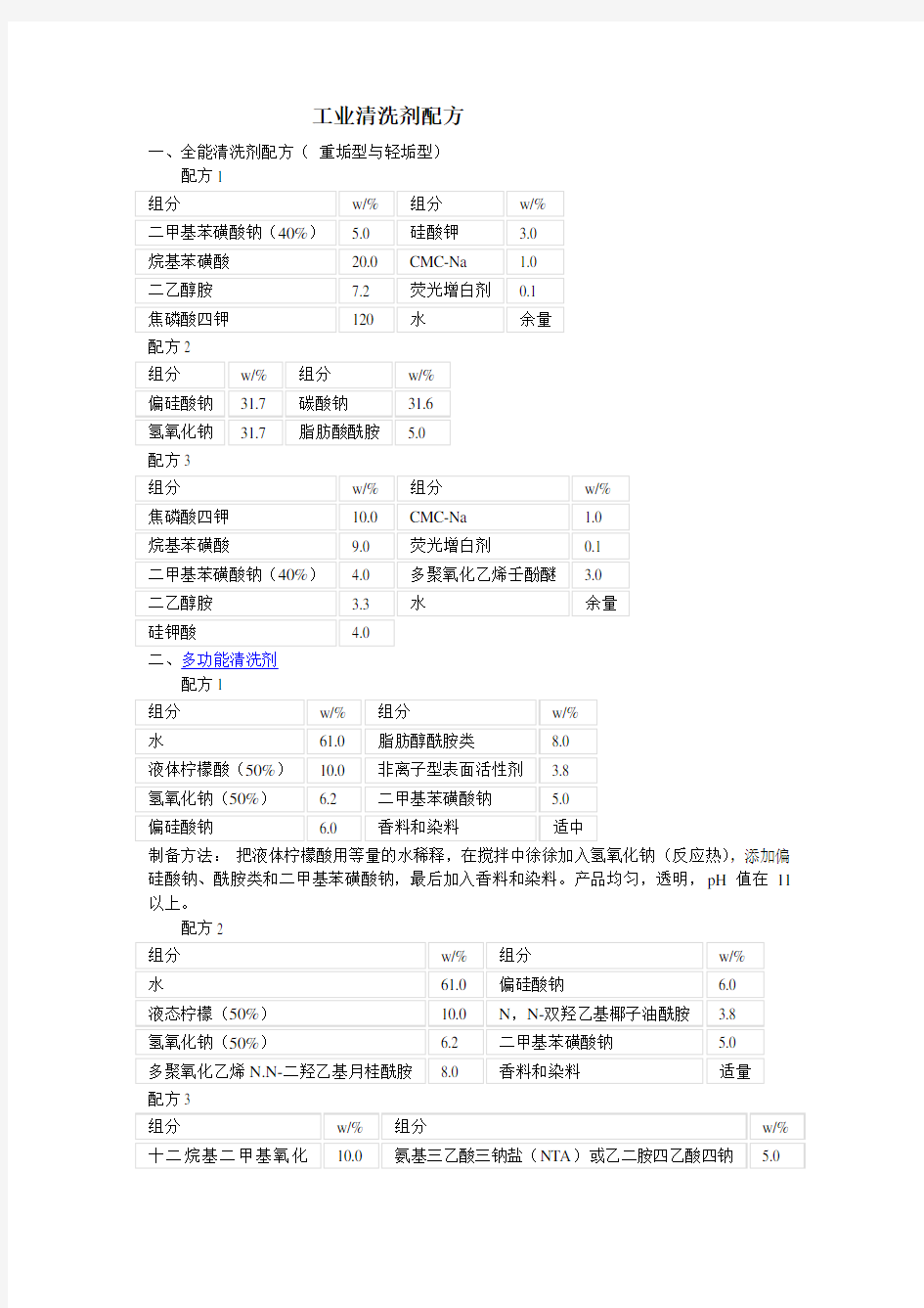 工业清洗剂配方