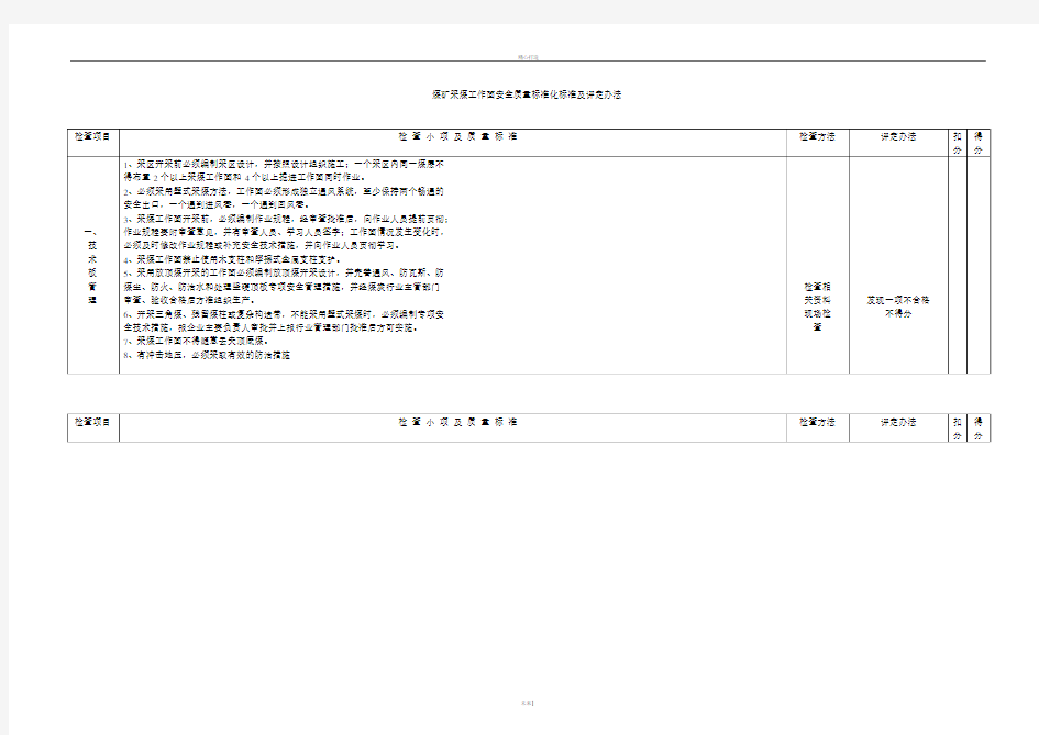 煤矿采煤工作面安全质量标准化标准及评定办法