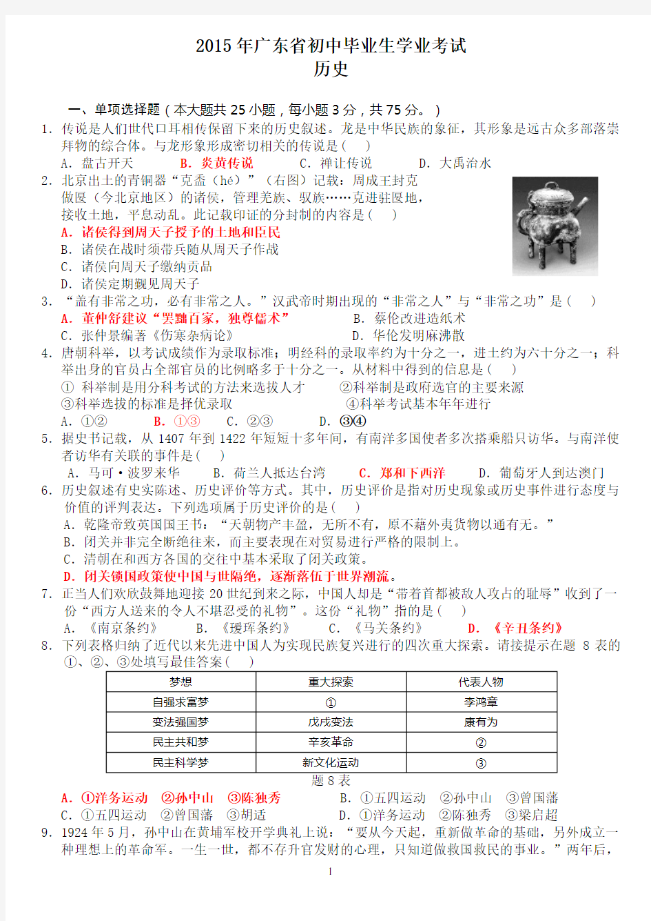 广东省2015年中考历史试卷(含参考答案 )