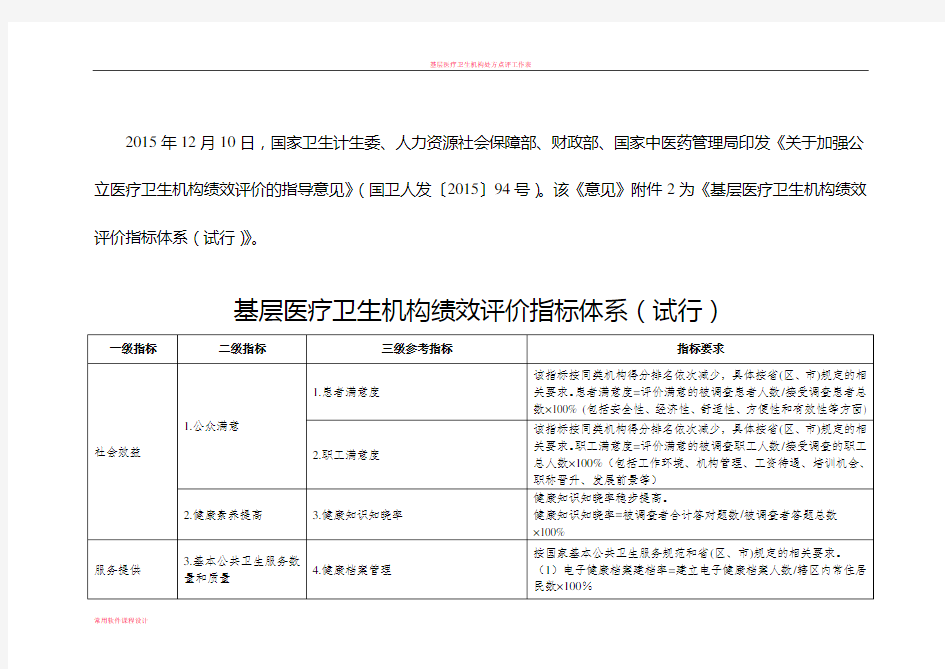 基层医疗卫生机构绩效评价指标体系(试行)