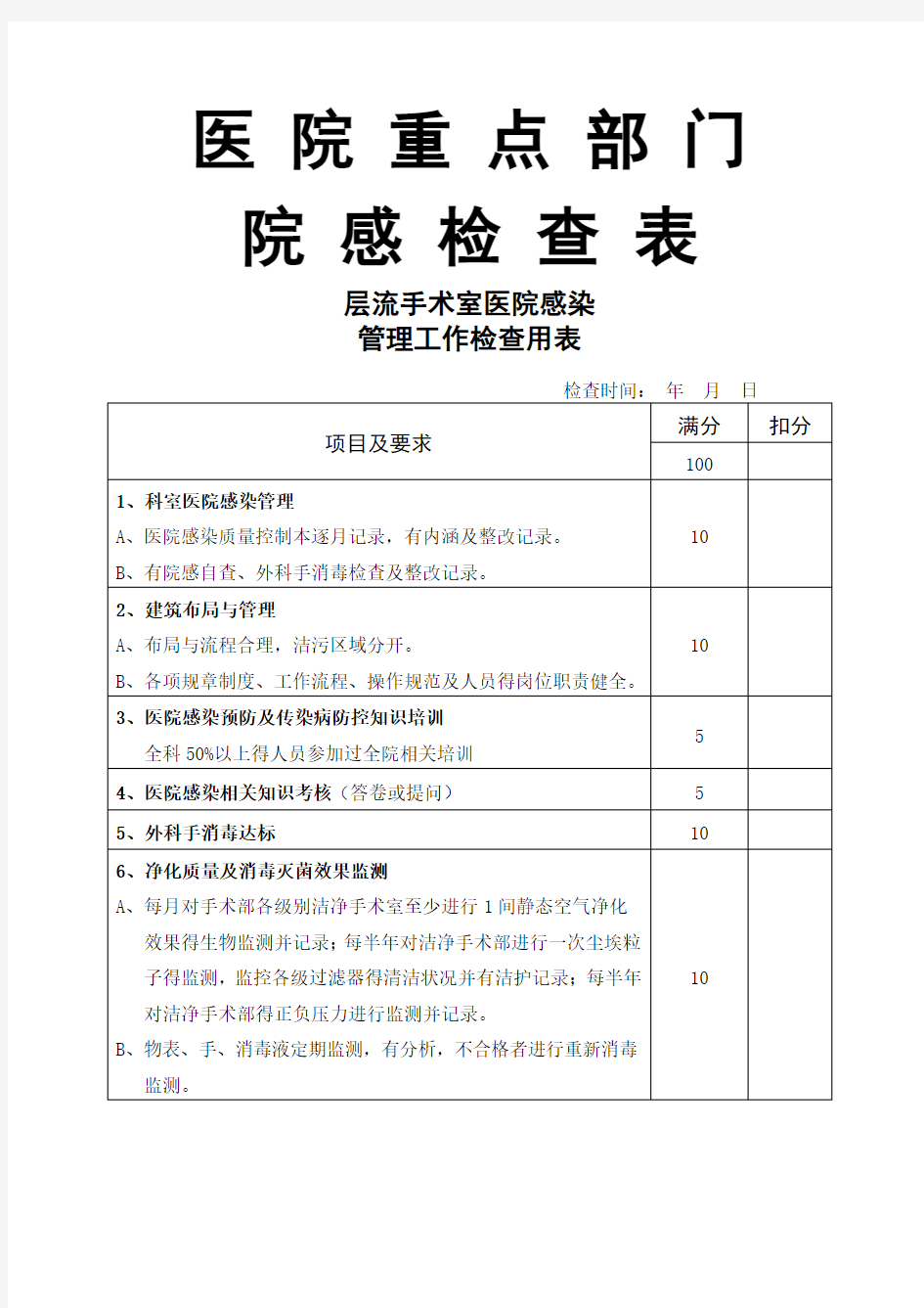 医院重点部门院感检查表