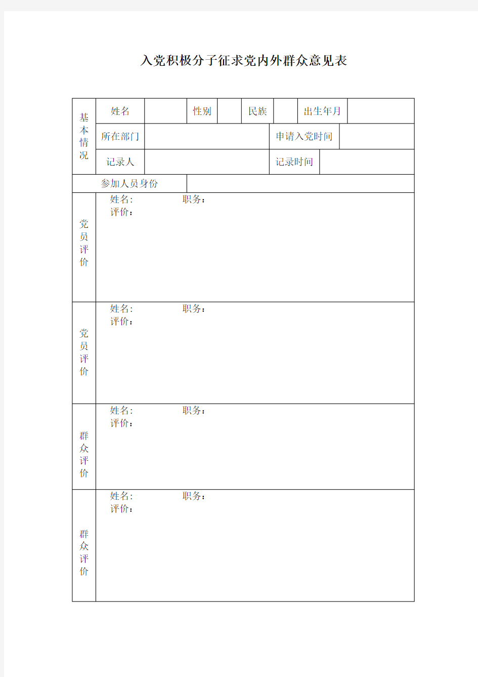 入党积极分子征求党内外群众意见表