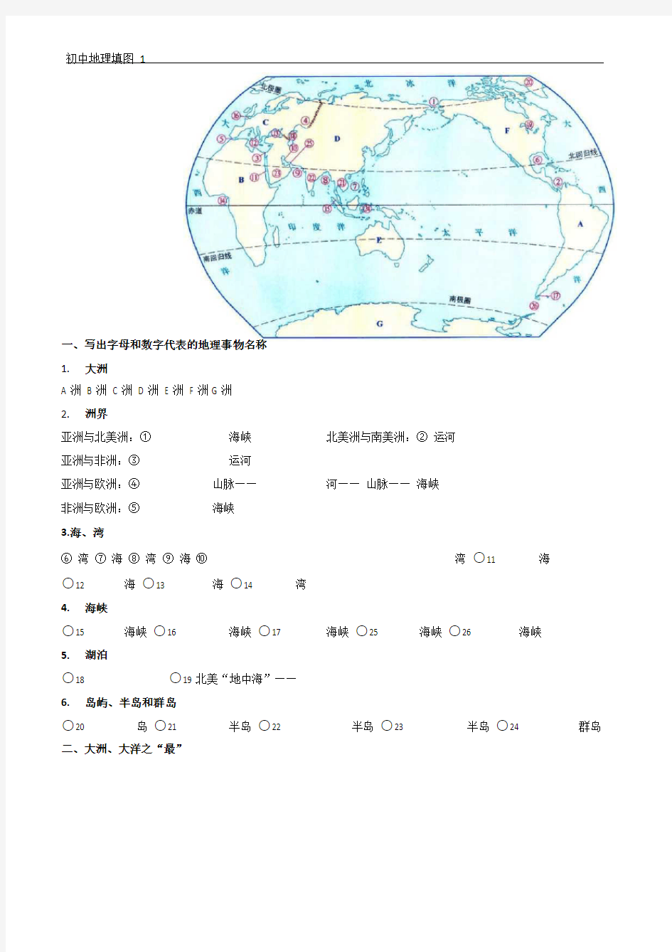 初中地理填图练习(打印版有答案)