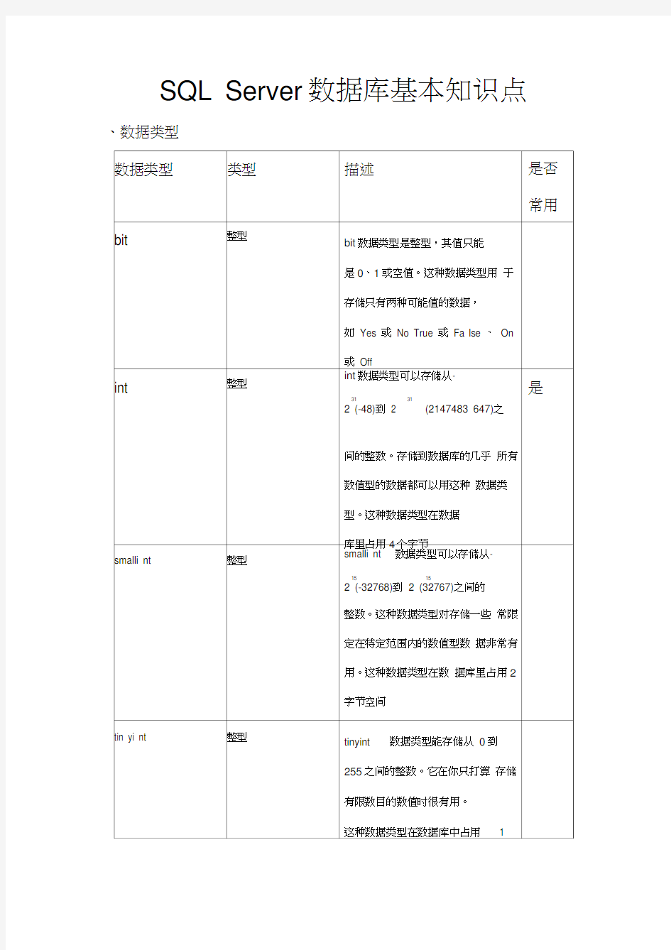 SQLServer数据库基本知识点