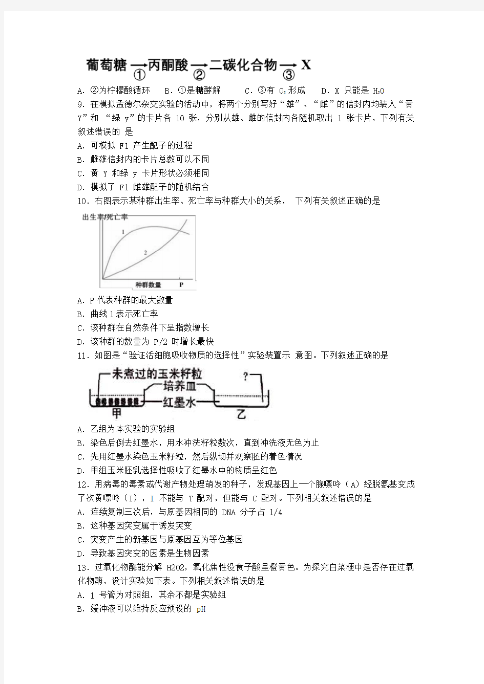 2018年10月浙江省镇海中学第一学期高三选考模拟生物试卷