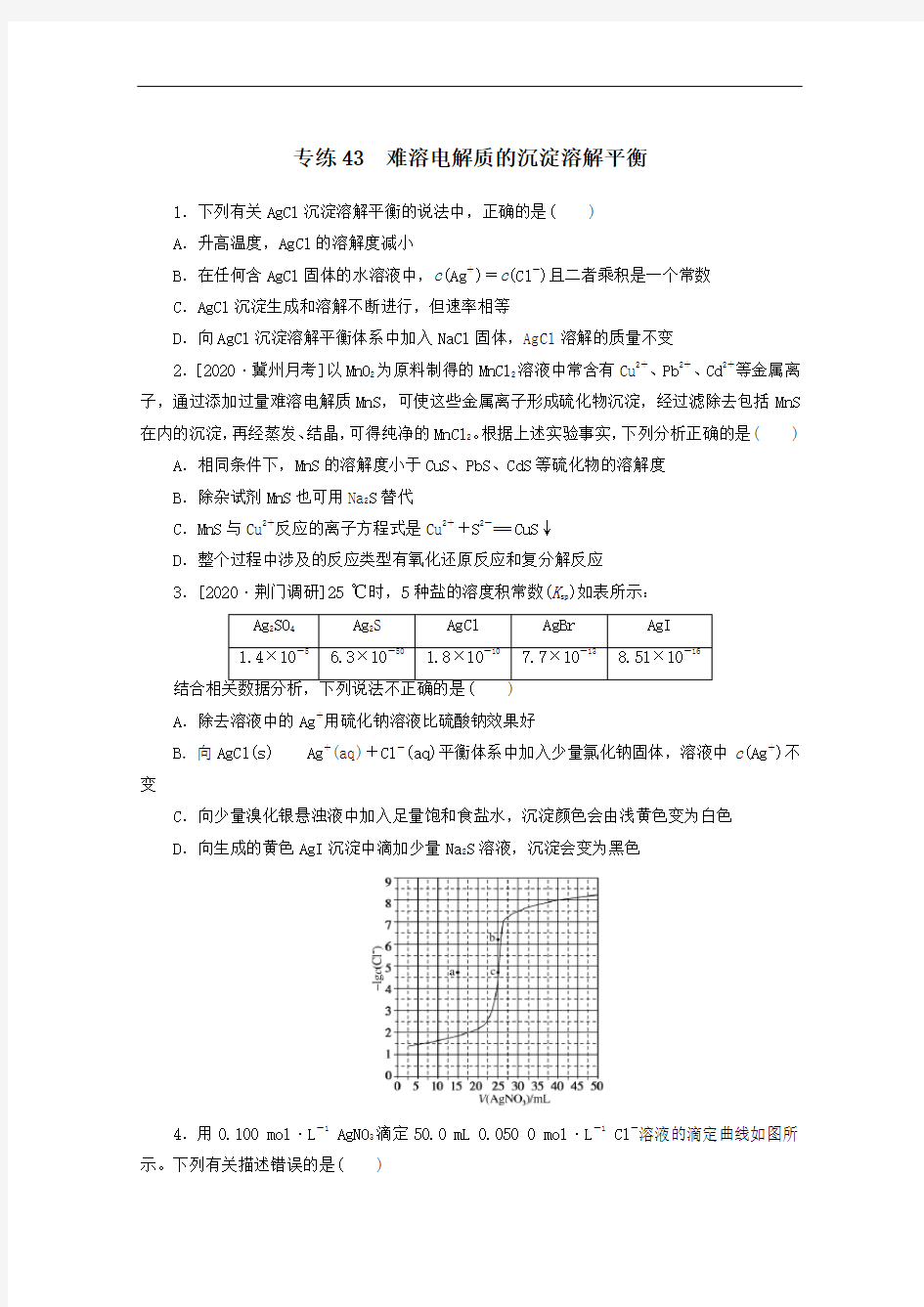 2021高考化学一轮复习专练43难溶电解质的沉淀溶解平衡含解析人教版.doc