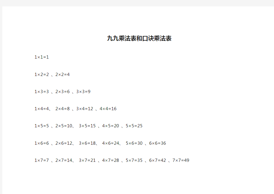 九九乘法表和口诀乘法表(已排版)