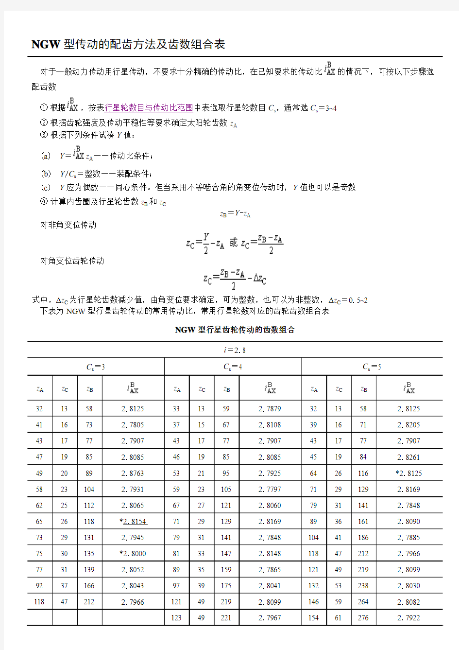 行星齿轮传动的配齿方法及常用齿数组合表