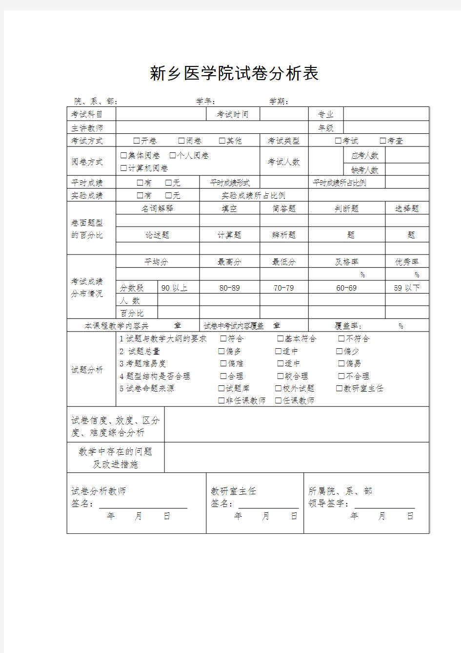 新乡医学院试卷分析表