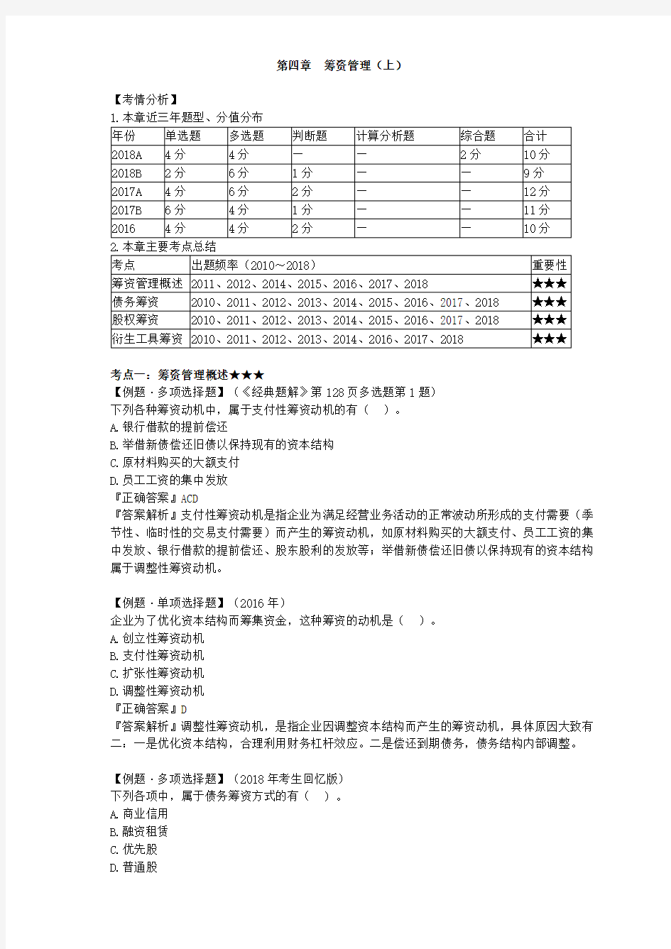 2019年中级会计职称考试辅导 第四章 筹资管理(上) 考试试题