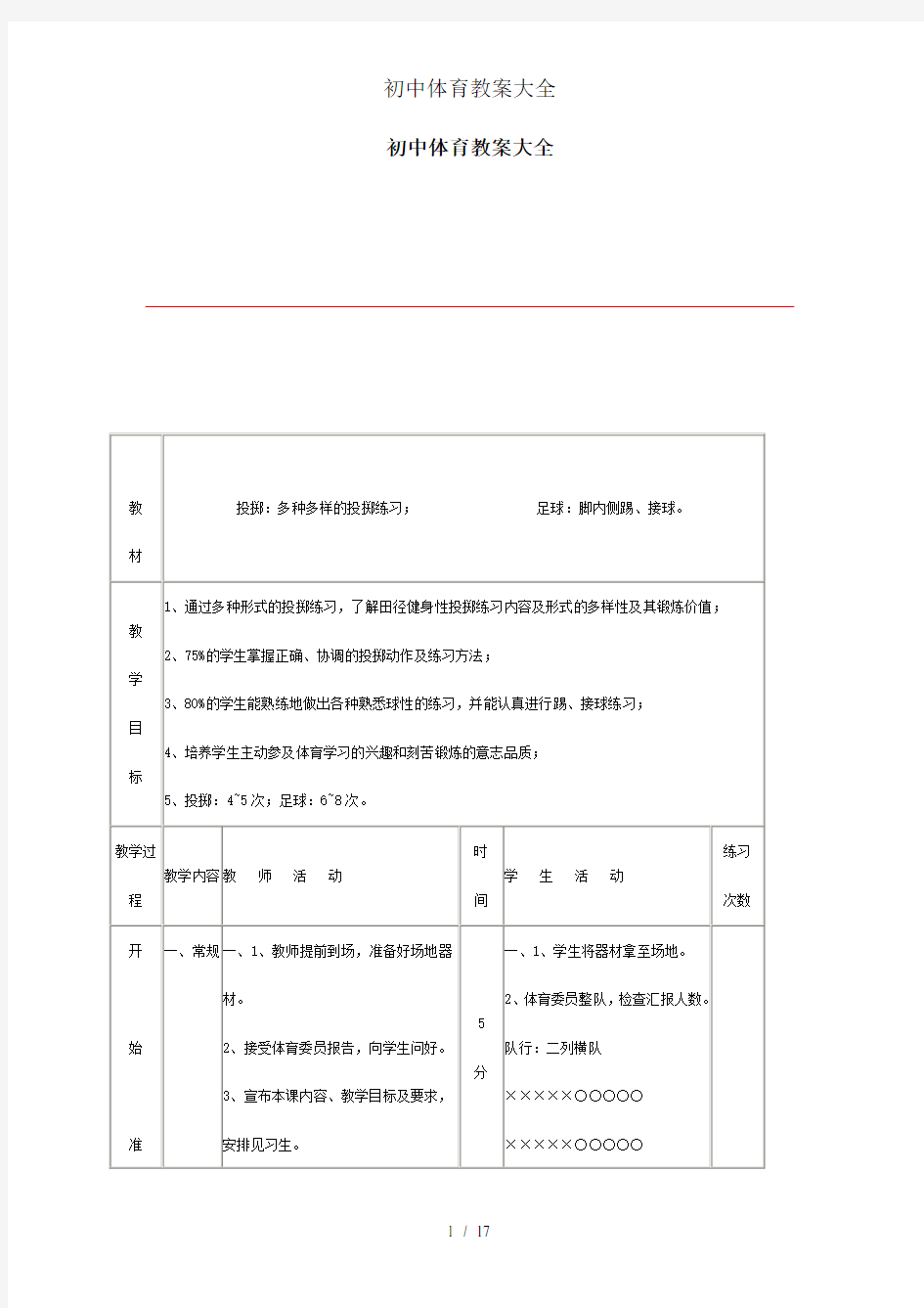 初中体育教案大全