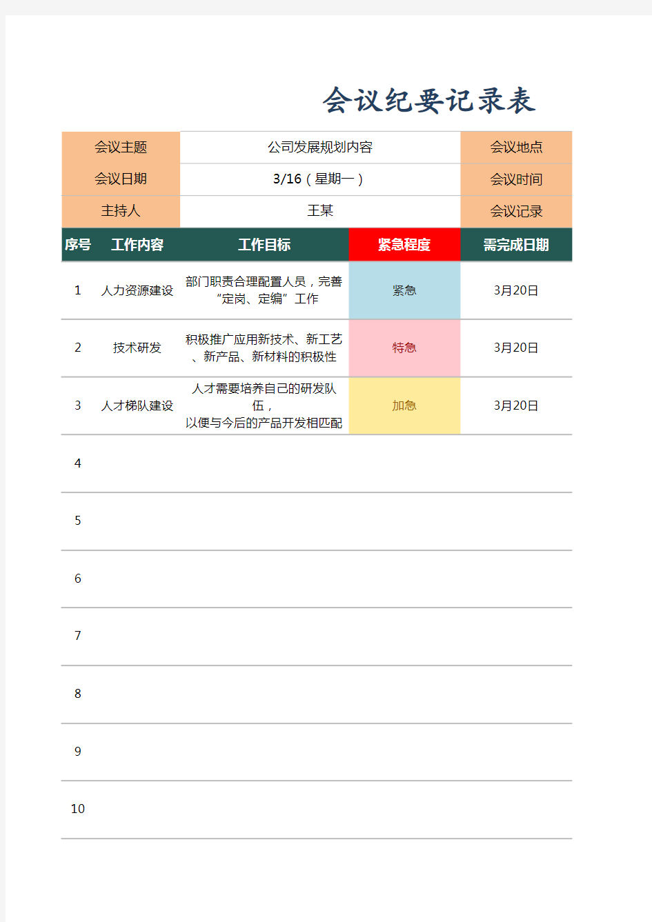 公司会议纪要记录表