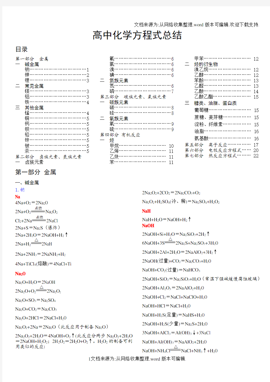 高中化学方程式分类汇总(供参考)