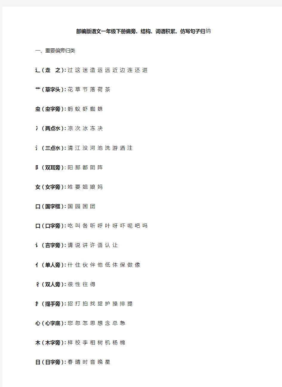 部编版语文一年级下册偏旁词语积累、仿写句子归纳资料20180625