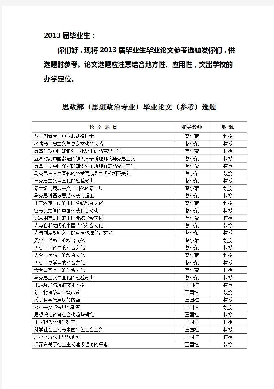 思政部毕业论文参考选题