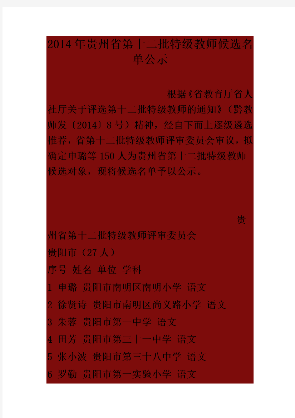 2014年贵州省第十二批特级教师候选名单公示
