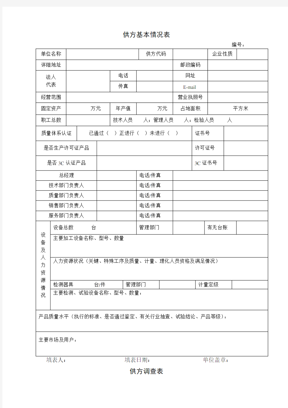 供方基本情况调查表(样表)