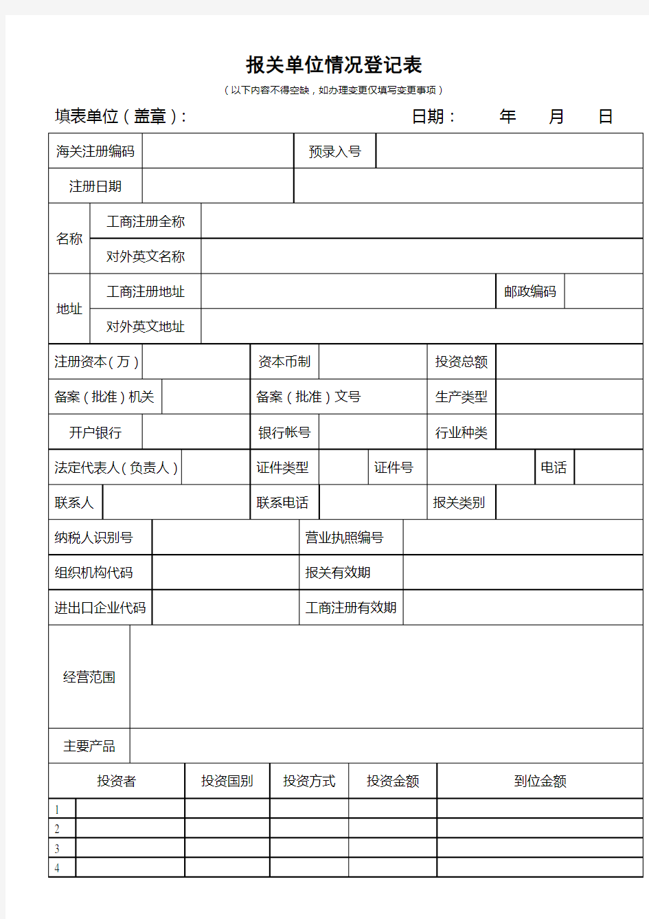 报关单位情况登记表(含填表说明及示范文本)