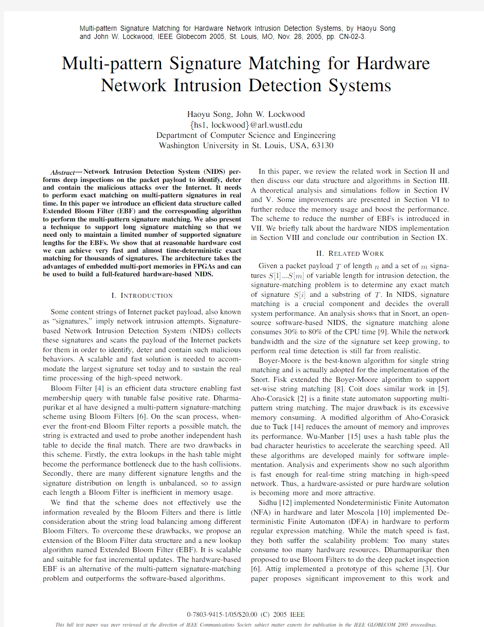 Multi-pattern Signature Matching for Hardware Network Intrusion Detection Systems Abstract