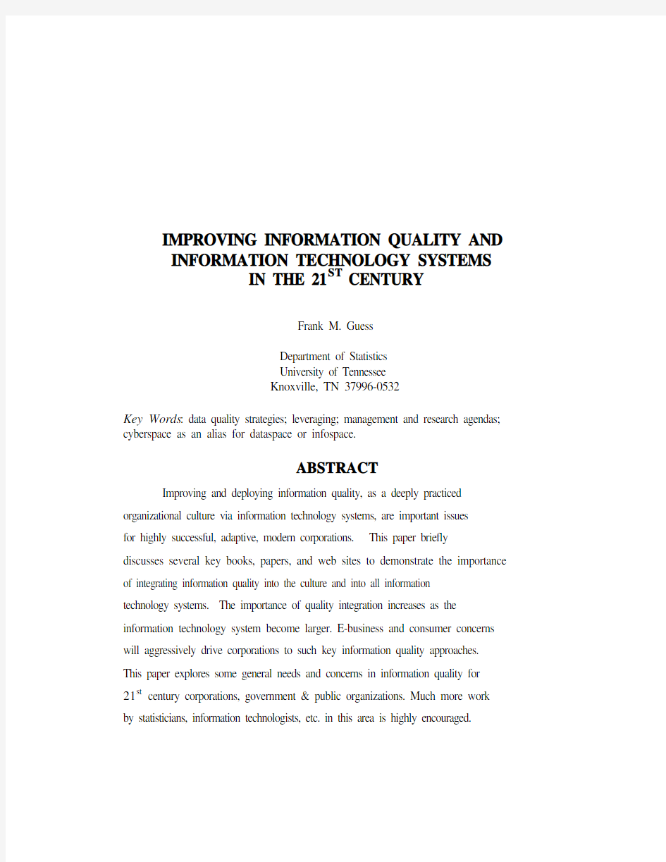 Improving Information Quality and Information Technology Systems in the 21 st Century,” in