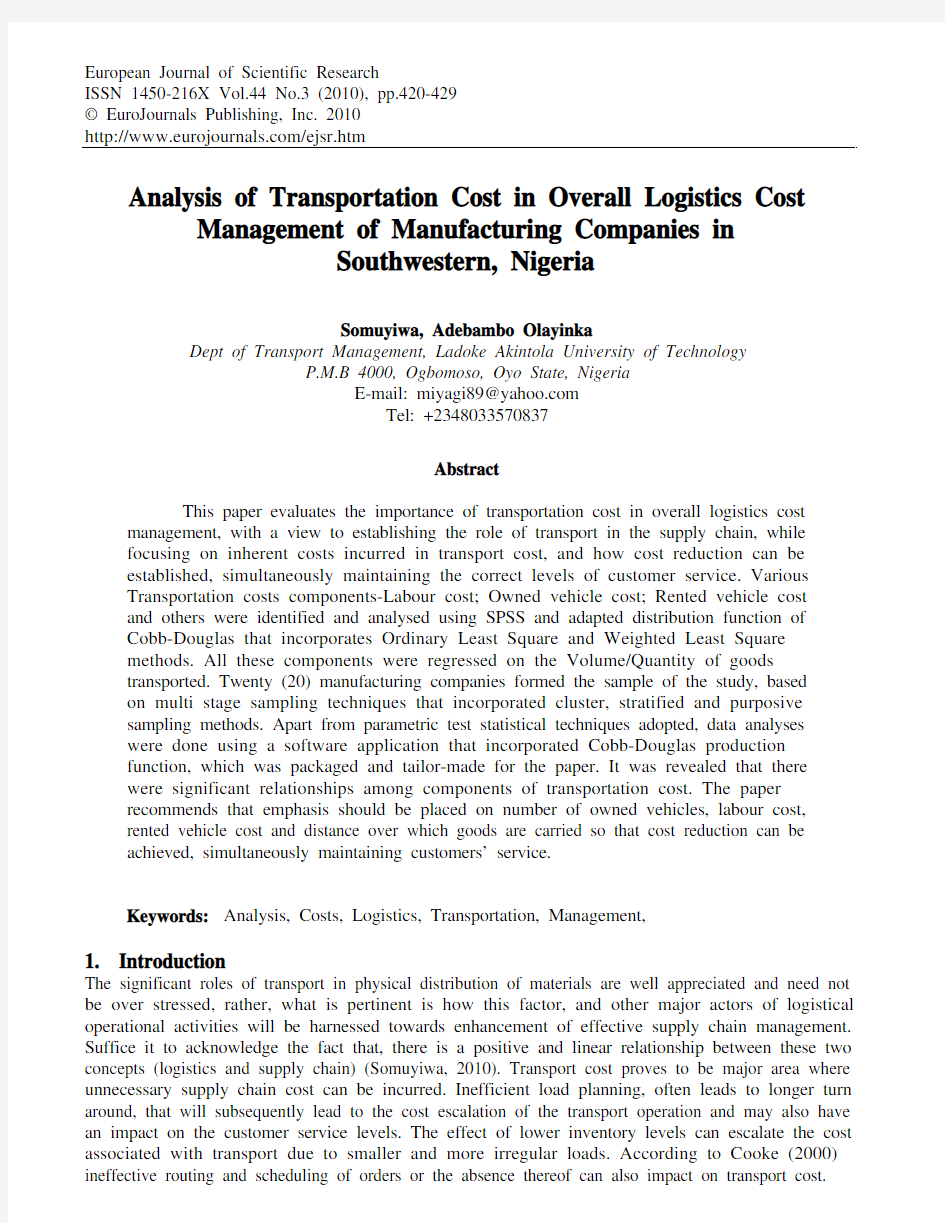Analysis of Transportation Cost in Overall Logistics Cost
