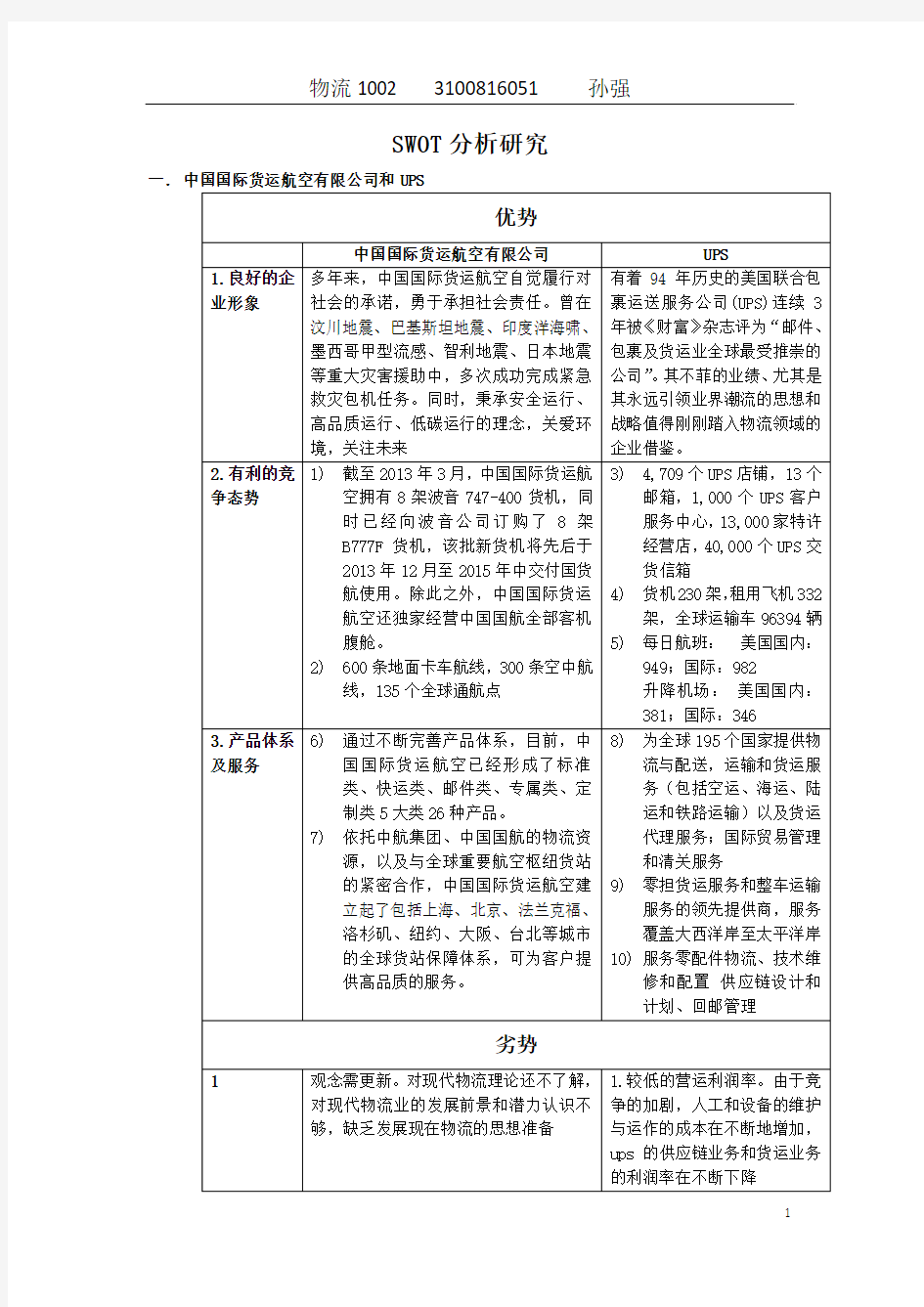 两个物流公司比较SWOT分析