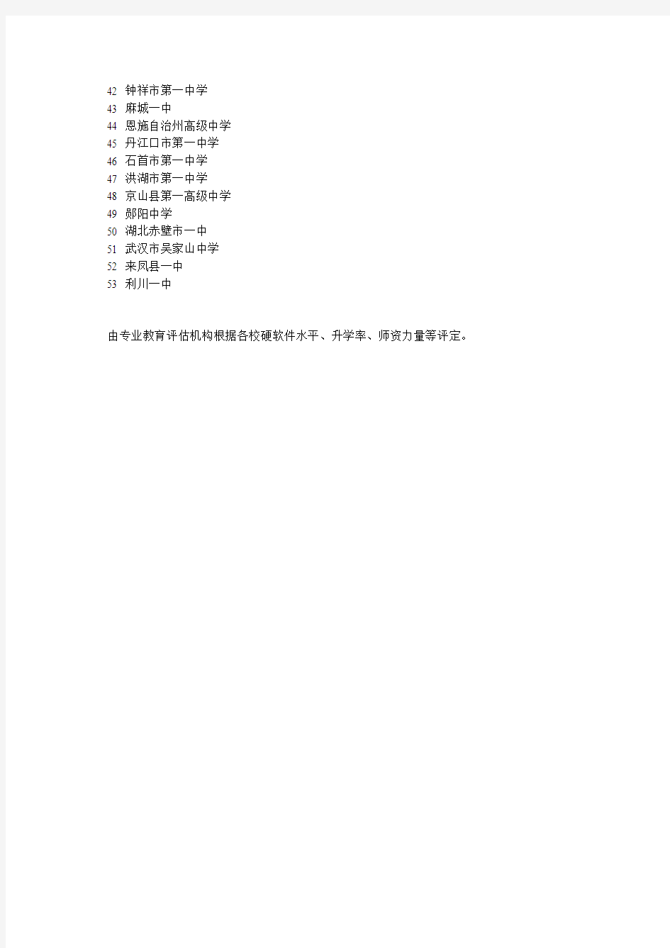 湖北省53所省级重点中学综合实力排名