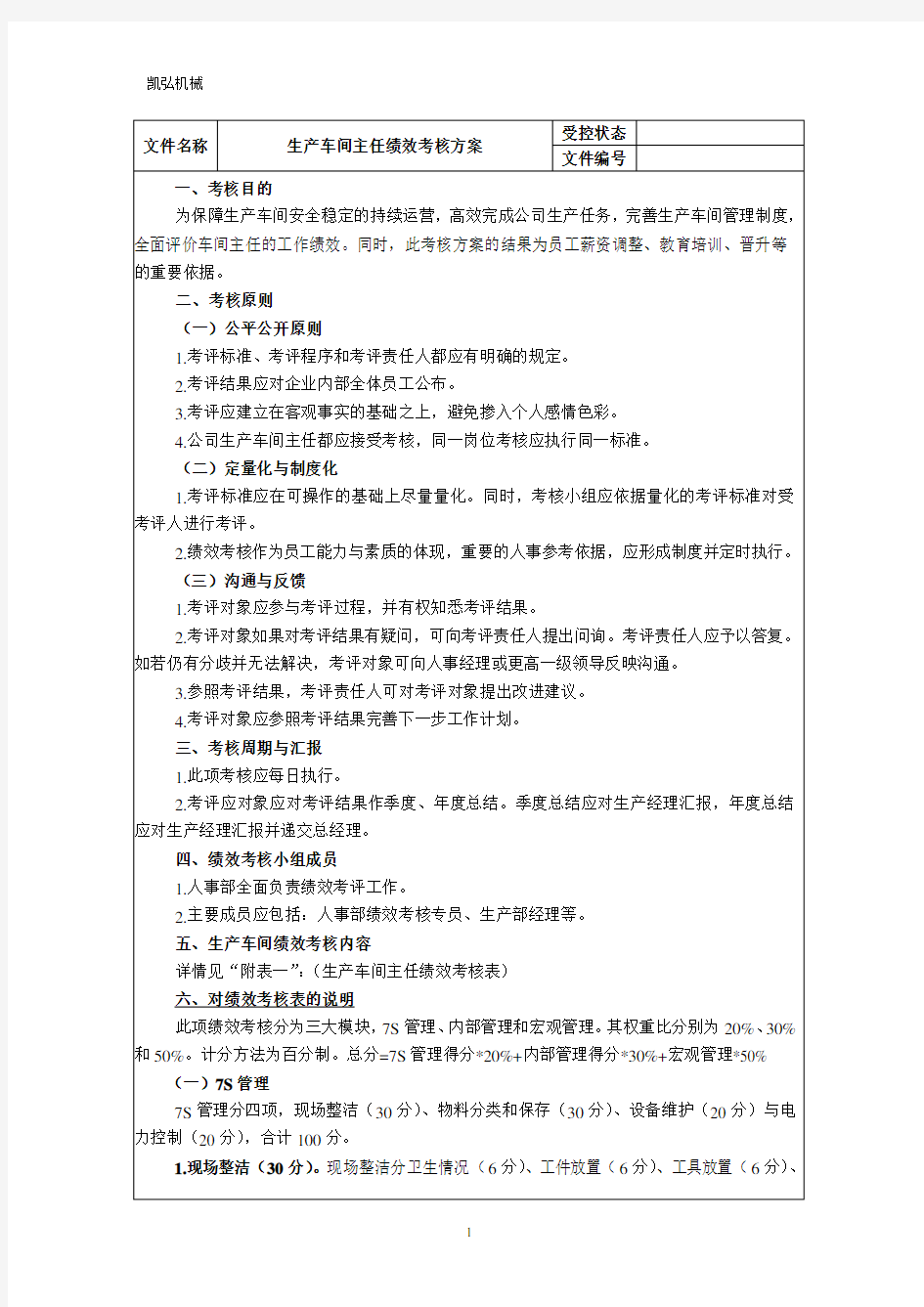 生产车间主任绩效考核方案