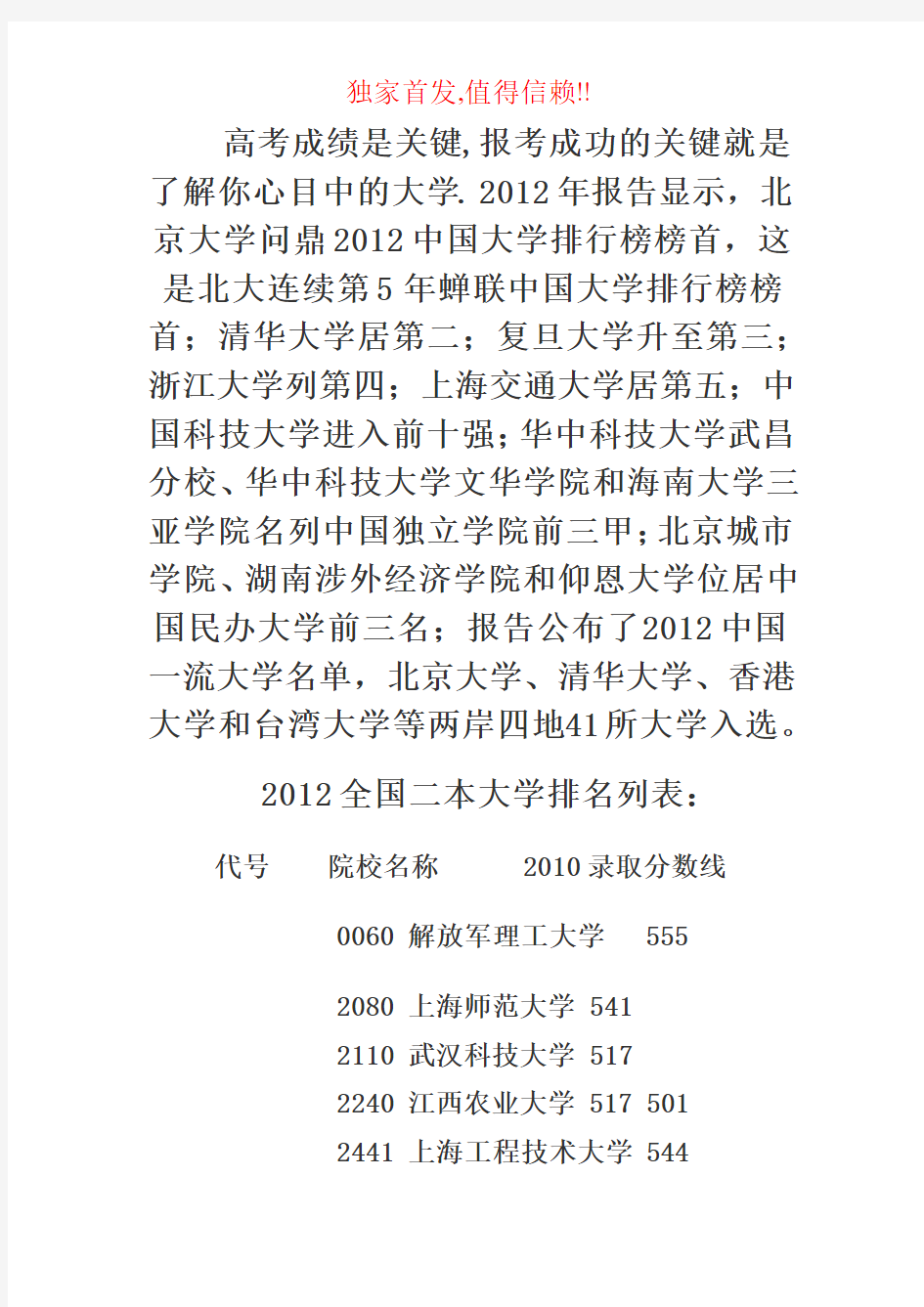 2012高考全国各省二本院校排名及录取分数线对比