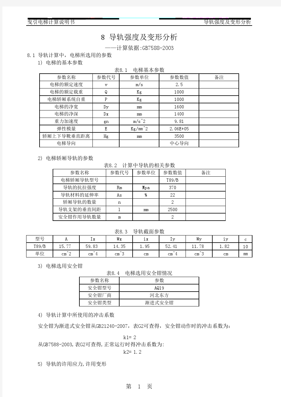 1000kg电梯导轨计算书