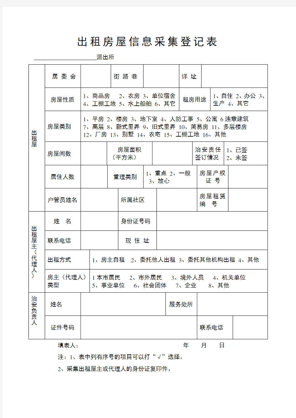 出租房屋信息采集登记表