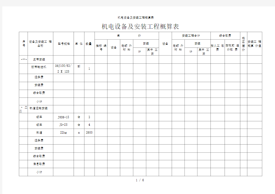 机电设备及安装工程概算表