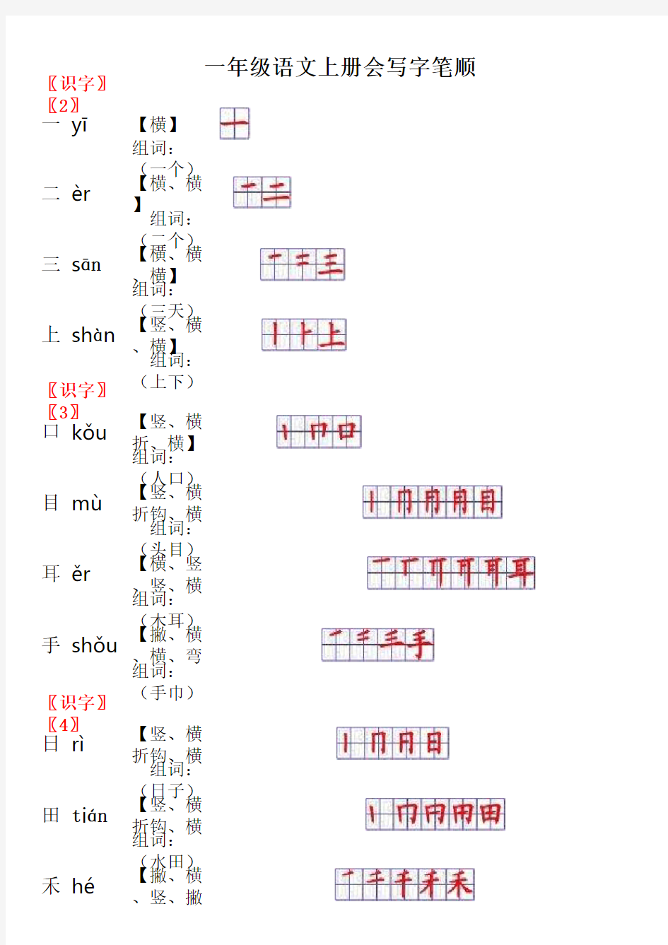 一年级语文上册要求会写字 个字 笔顺