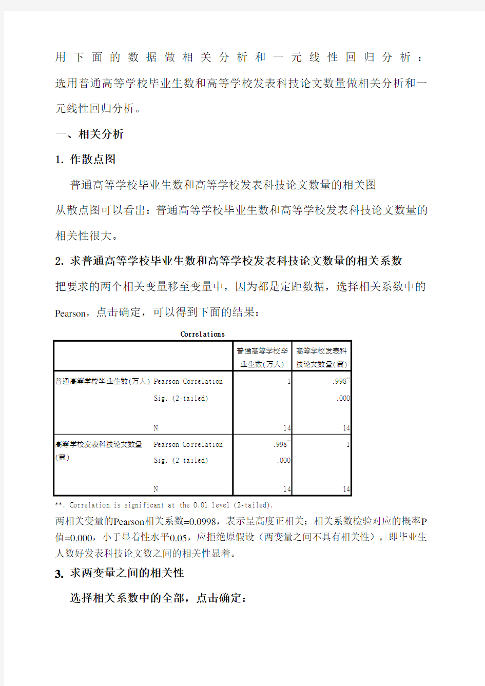 相关分析和一元线性回归分析SPSS报告