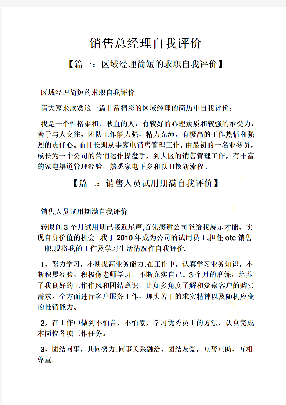 销售总经理自我评价