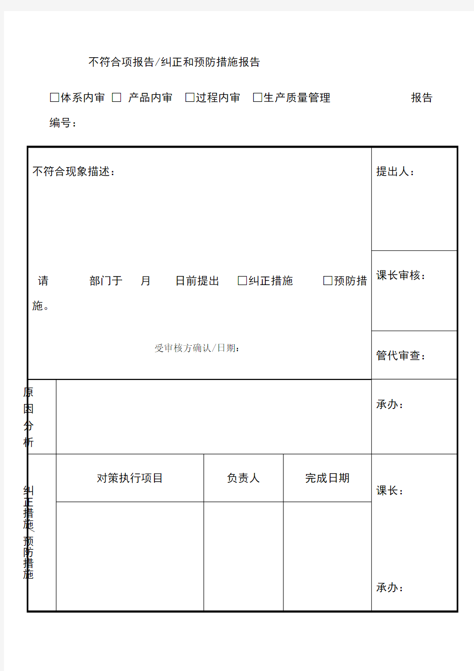 不符合项报告纠正预防措施报告