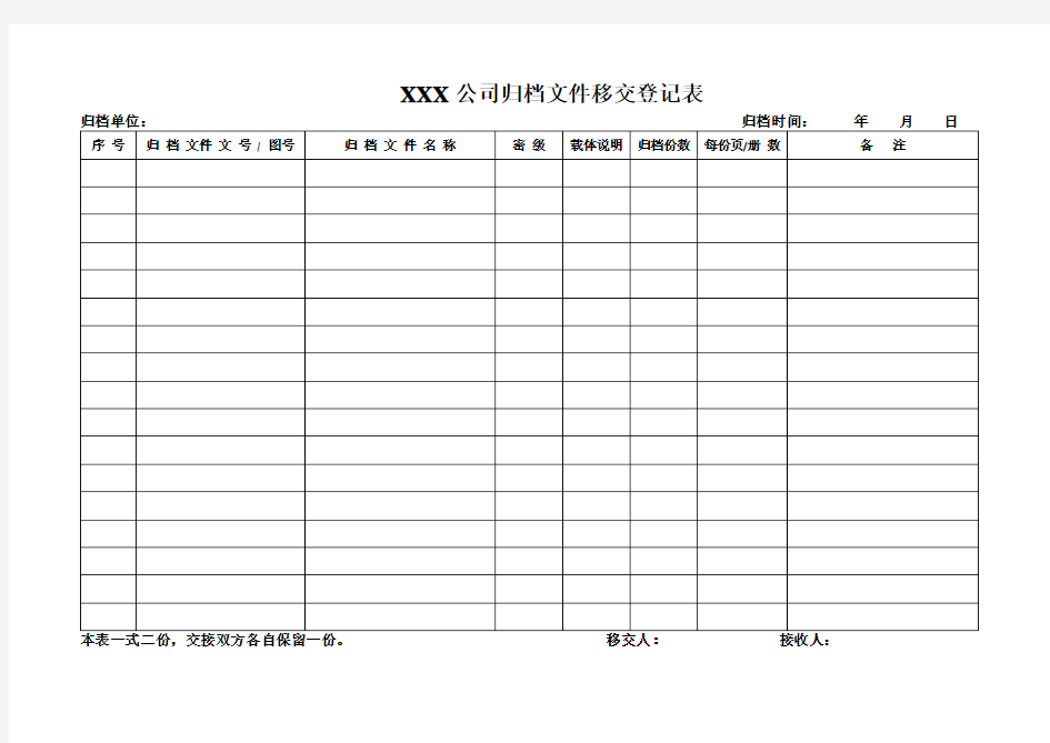 归档文件移交登记表