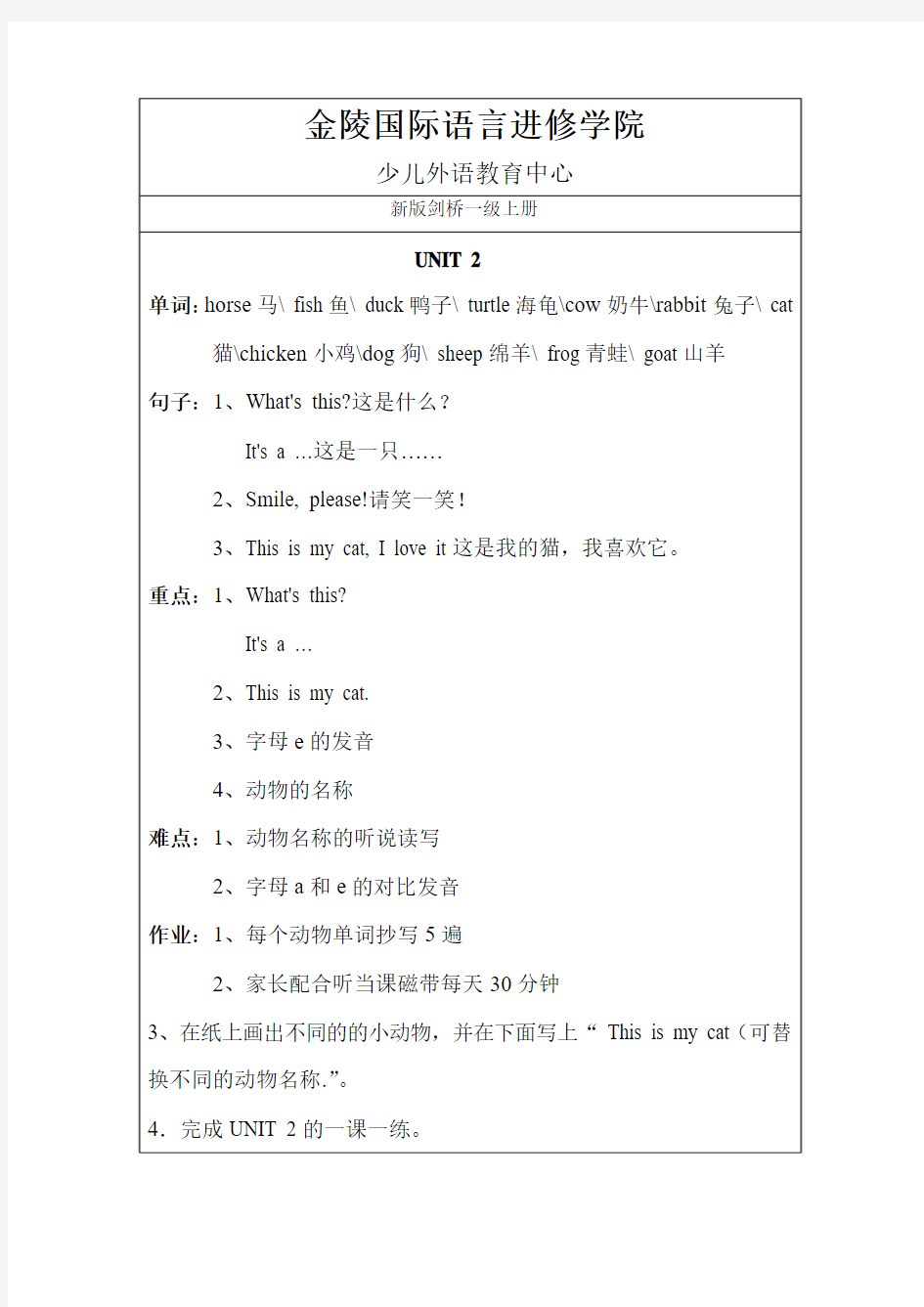 新版剑桥少儿英语一级上册知识点