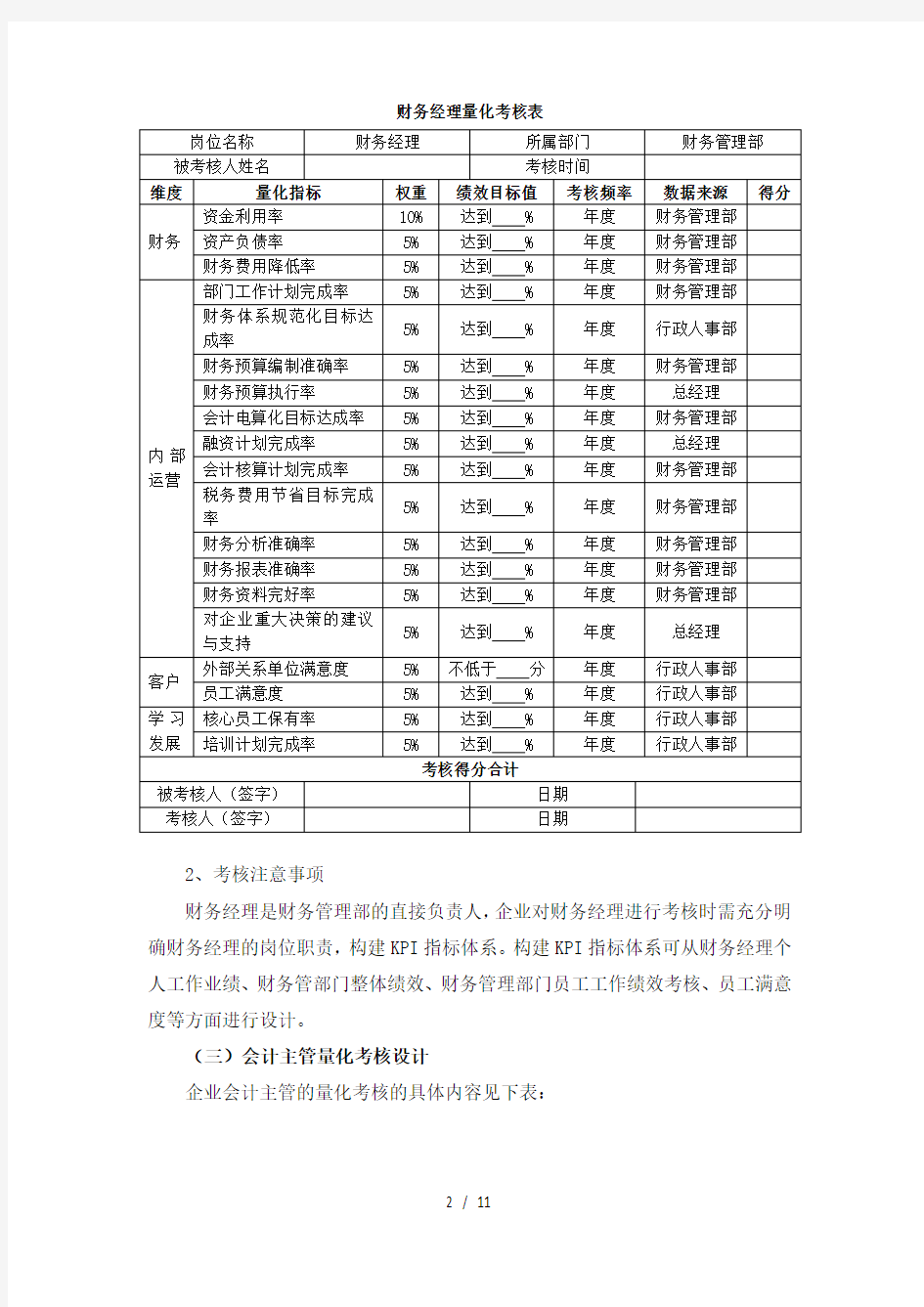 财务管理部工作人员量化考核