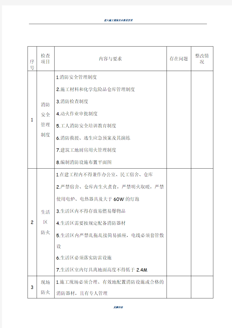 工地消防安全自查自纠检查表