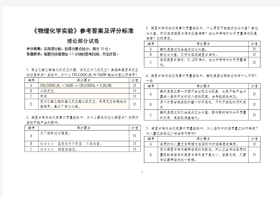 物化实验试卷答案概要