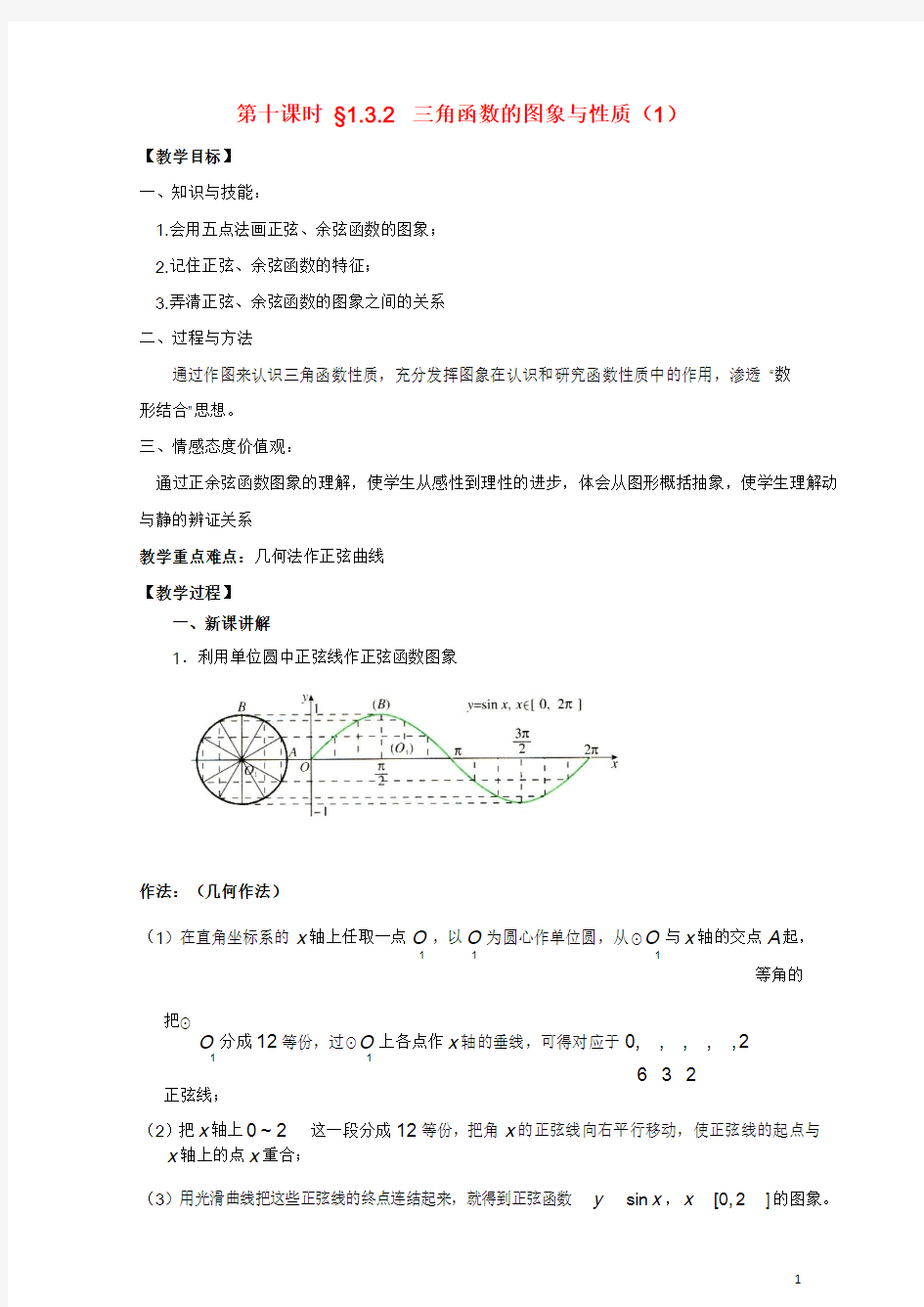 江苏省启东市高中数学第一章三角函数第10课时1.3.2三角函数的图象与性质1教案苏教版必修42017