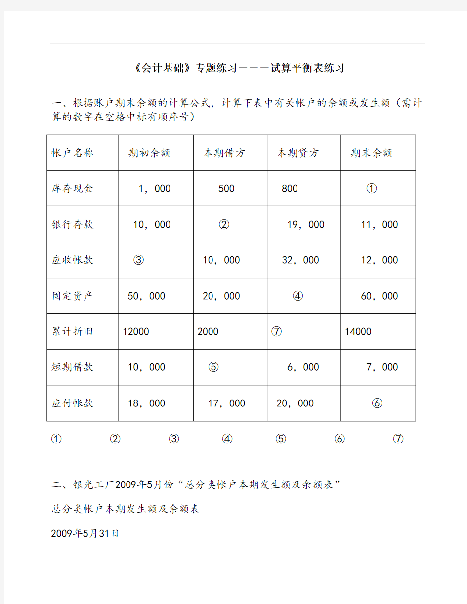 试算平衡表练习及答案